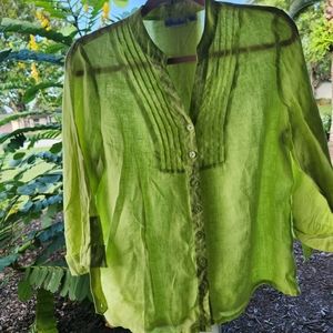 2 KIM ROGER'S PETITE MEDIUM 100% LINEN button down blouse 3/4 sleeves